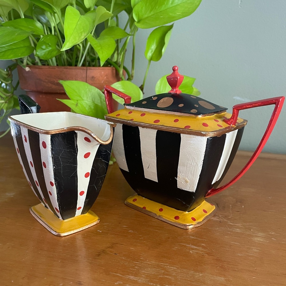 Pairpoint Sheffield 0315 Hand Painted Sugar and Creamer Set Stripes Polka Dots